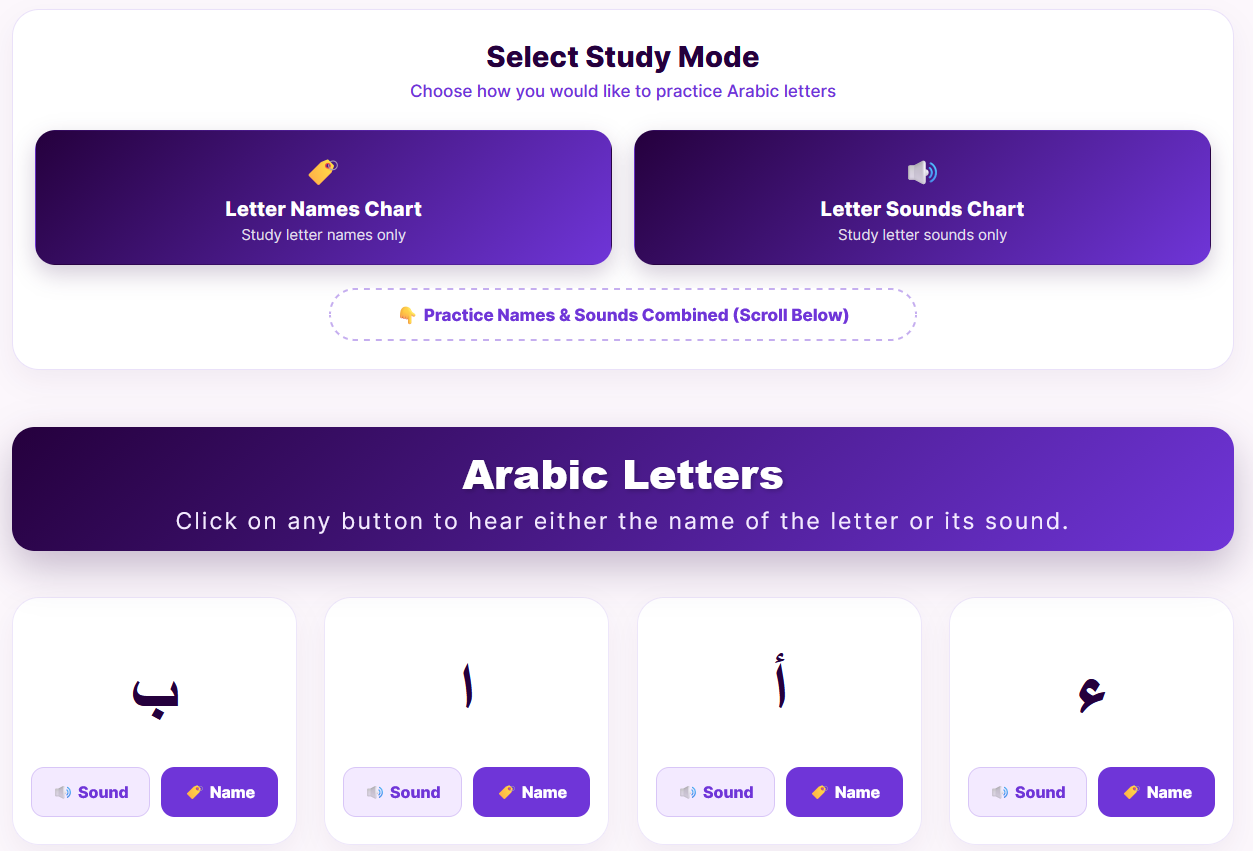 Arabic alphabet chart study modes on Abjadia